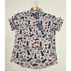 Project Good Apparel Christmas Printed Button Down Shirt Short Sleeve Mens M NWT